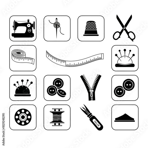Essential sewing and tailoring tools collection for crafters and designers, featuring professional icons for creative projects.