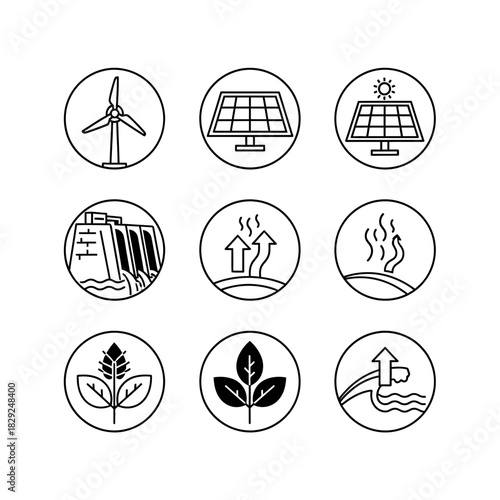 Sustainable energy icons showcasing renewable resources like solar, wind, hydro, and geothermal power for a green future.