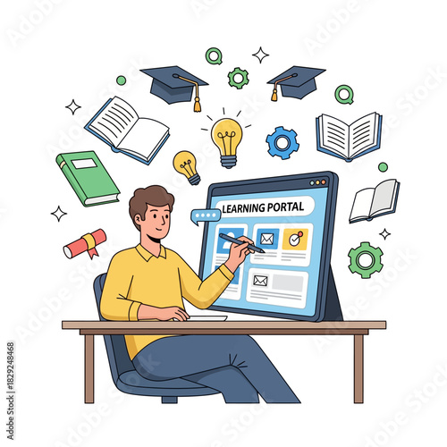 Student using an online learning portal at a desk with floating books and a lightbulb, symbolizing digital education and knowledge growth.