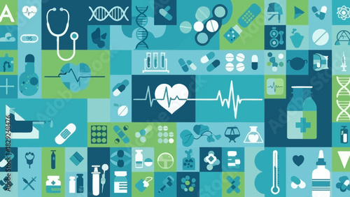 Graphic illustration featuring medical and healthcare icons arranged in a colorful grid pattern, including DNA, stethoscope, pills, and other health-related symbols.