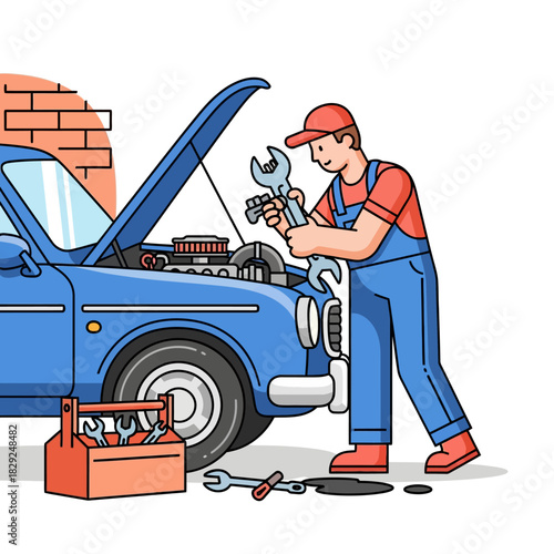 A professional auto mechanic is fixing the broken engine of a damaged car in an open garage environment, presented as a simplified, vibrant 2D flat vector illustration with clean outlines.