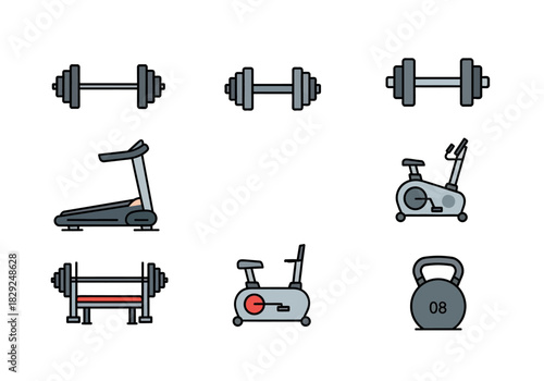 Gym Equipment Icon Set Treadmill, Dumbbells, Kettlebell, and Exercise Bikes for Fitness Activities