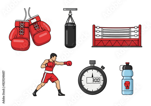 Boxing Equipment and Boxer Ready for Sparring Illustration