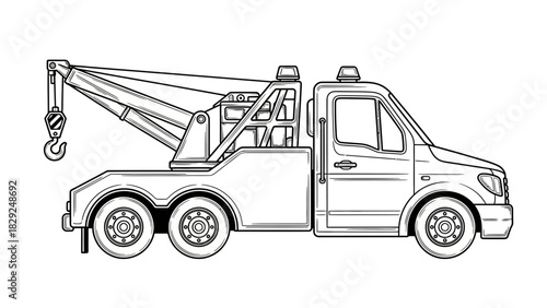 Side view illustration of a tow truck with a crane arm and hook, outlined in black and white.