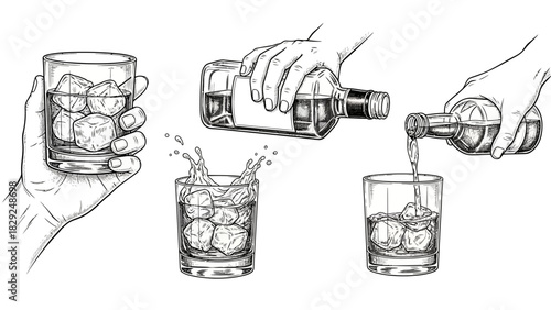 Hand holding a glass with ice cubes, pouring liquid from a bottle into a glass, and a splash of liquid in a glass with ice.