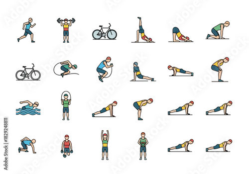 Collection of Exercise and Workout Icons for Fitness and Health Promotion
