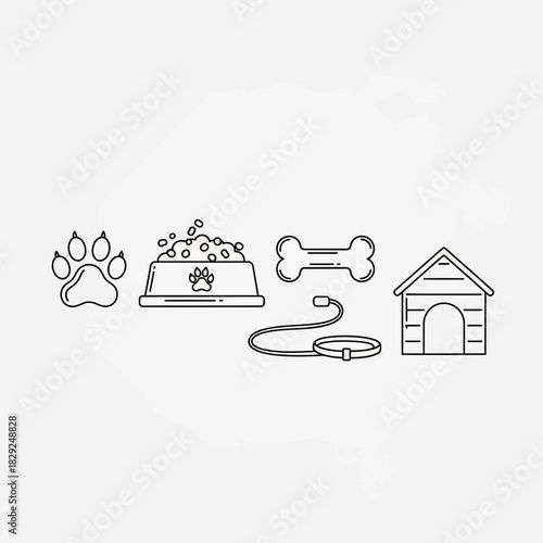 Essential dog care icons: paw print, food bowl, bone, leash, and dog house, perfect for pet-related businesses