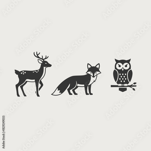 Elegant silhouettes of a deer, fox, and owl, perfect for nature-themed branding, design projects, and logo creation, evoking a sense of calm and natural beauty