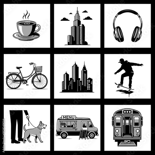 Urban lifestyle illustrations featuring coffee cup, city skyline, headphones, bicycle, skateboarder, dog walk, food truck, and subway train for design projects.