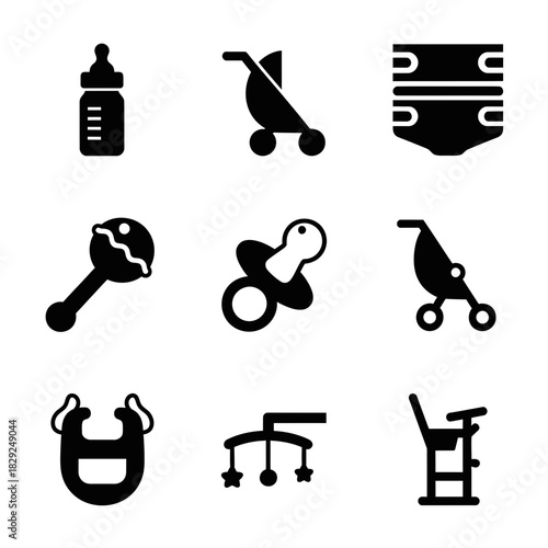 Essential baby care icons featuring feeding bottle, stroller, diaper, rattle, pacifier, bib, mobile, and high chair for new parents
