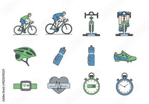 Vibrant cycling essentials illustration showcasing a collection of minimalist icons, promoting fitness and healthy lifestyle choices