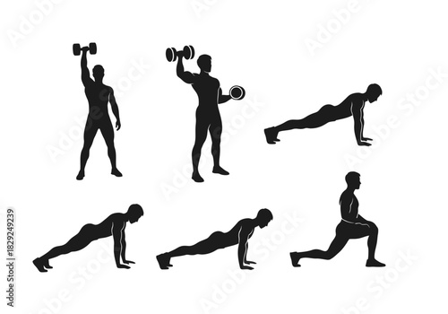 Silhouette Fitness Man Exercising with Dumbbells and Bodyweight