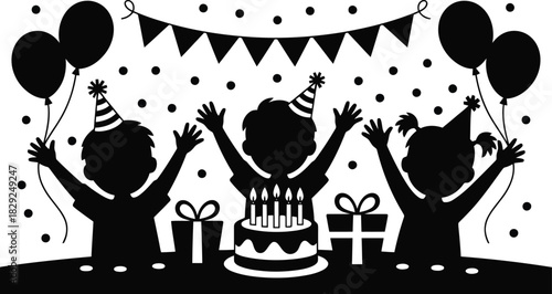 Silhouette of happy children celebrating a birthday party with balloons, gifts, and a cake