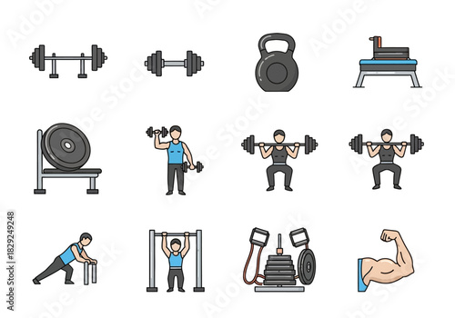 Icons of Fitness Equipment and Exercises for Strength Training