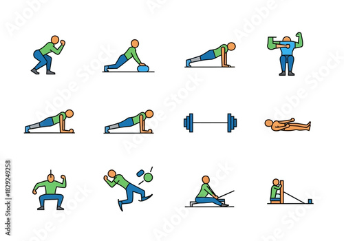 Gym Workout Icons Bodybuilding, Fitness, Exercise, and Weightlifting Vector Set