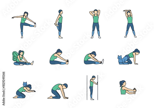 Versatile vector set featuring diverse yoga poses and stretching exercises for fitness enthusiasts