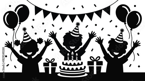 Silhouettes of happy children celebrating a birthday with a cake gifts and floating balloons