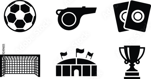 Six essential black icons representing various elements of soccer and football sports on white