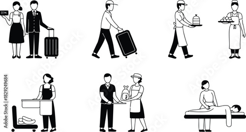 Simple black and white illustrations showcase hotel staff and guests checking in and receiving services