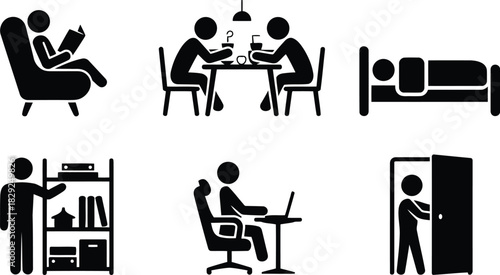 Six minimalist stick figures show common human actions such as reading, dining, sleeping, and working