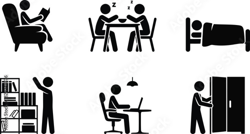 Six simple stick figures illustrate various everyday activities like reading, eating, sleeping, and working