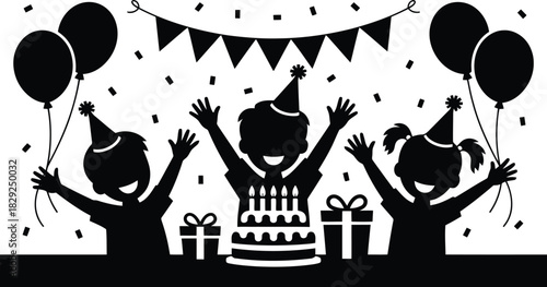 Three happy children celebrate a birthday party with cake gifts and balloons