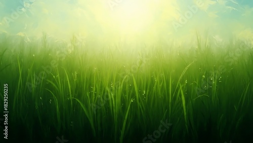 Fototapeta Naklejka Na Ścianę i Meble -  Lush Green Grass Field with Bright Sunlight and Dew Drops nature meadow