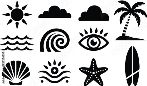 Variety of black icons depicting summer and beach elements including sun, waves, palm tree, and ocean life