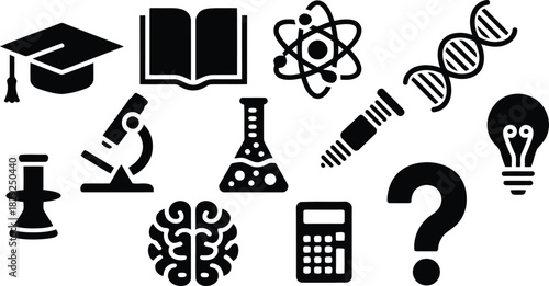 Variety of black science and education icons symbolizing knowledge, research, and academic discovery on white
