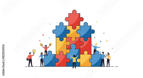 teamwork puzzle solution diverse group completing jigsaw building success together symbolizing collaboration and problem-solving in a cooperative environment