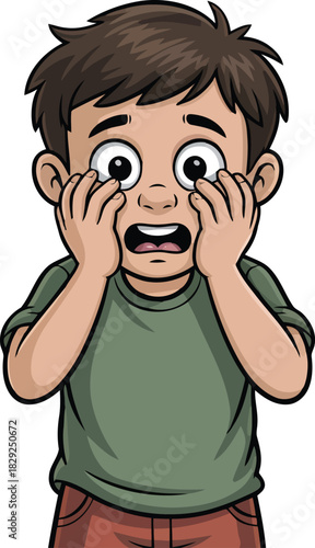 Wide eyed cartoon boy with brown hair looking extremely frightened with hands to his face