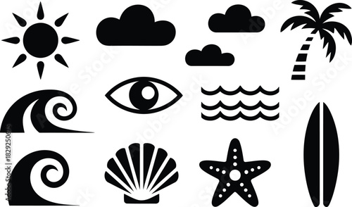 Various black silhouette icons representing summer beach holiday elements including sun, waves, palm, and surfboard