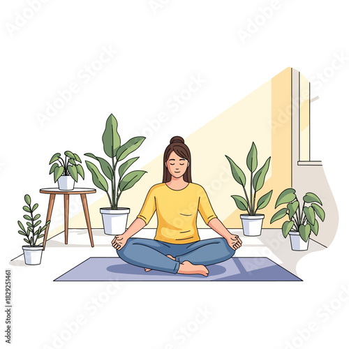 2D flat vector illustration of a peaceful woman sitting cross-legged on a yoga mat, meditating in a bright room with houseplants, symbolizing mental well-being and tranquility.