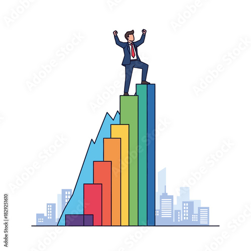 Determined male CEO reaches the summit of a towering financial bar graph structure, overlooking the cityscape below, in a clean flat 2D vector illustration.