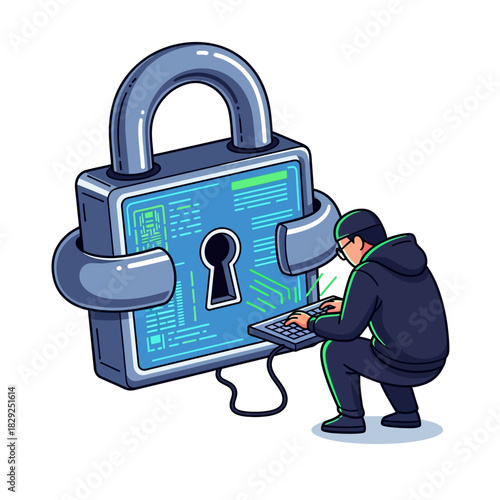 A 2D flat vector illustration depicts a large security padlock defending a glowing digital screen against a hooded hacker attempting a system breach using a keyboard.