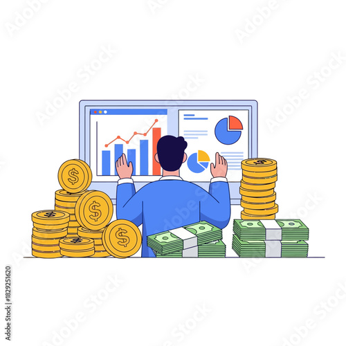 A focused small business owner reviews financial growth data on a monitor displaying a bar graph, surrounded by stacks of coins and paper currency, created in a vibrant 2D flat vector illustration.