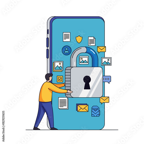 Digital security and privacy protection concept is demonstrated by a user interacting with a giant smartphone, placing a padlock icon in this clean 2D flat vector illustration.