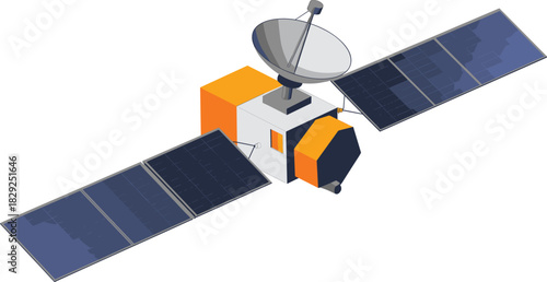 Isometric satellite illustration, modern space communication device, orbital technology graphic, solar panel spacecraft design, advanced satellite equipment for global signal transmission