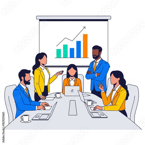 Diverse business team collaborating and brainstorming during a meeting, viewing a bar chart on a large projection screen, depicted in a vibrant 2D flat vector illustration.