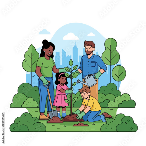 Family planting a sapling together in a lush green park near a distant cityscape, working with tools in this simplified 2D flat vector illustration.
