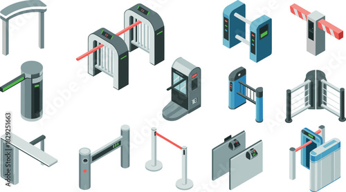 Isometric security turnstile and barrier gate set, access control system illustrations, checkpoint entry equipment, modern security gate icons for facility management
