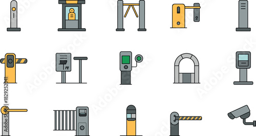 Security access control icon set illustration, barrier gate and checkpoint devices, surveillance and entry management graphics, modern facility protection equipment collection