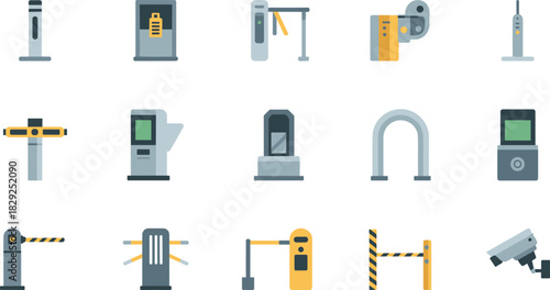 Security access control icon set illustration, barrier gate and checkpoint devices, surveillance and entry management graphics, modern facility protection equipment collection