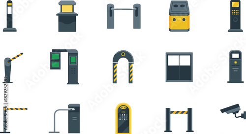 Security access control icon set illustration, barrier gate and checkpoint devices, surveillance and entry management graphics, modern facility protection equipment collection