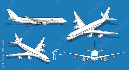 Four detailed isometric illustrations of a white airplane from different angles on a blue background.