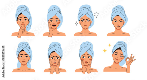 A woman in a towel turban displays various facial expressions and gestures related to skincare and self-care.