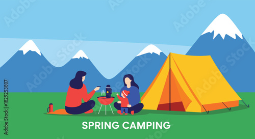 Two people and a child enjoy spring camping with mountains in the background.