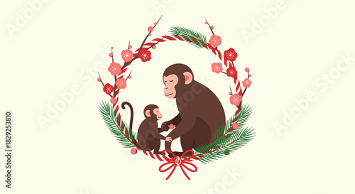 Two brown monkeys, a parent and child, holding hands inside a festive wreath of red flowers and green pine branches.