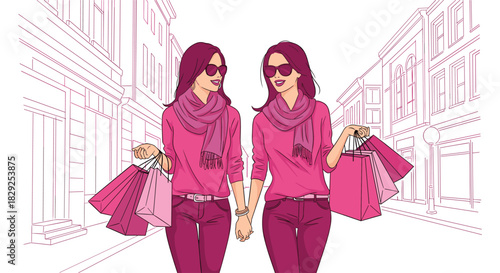 Two stylish young women in pink outfits holding shopping bags and hands, walking down a city street.