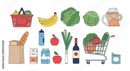 Collection of fresh food items and groceries in a flat illustration style.